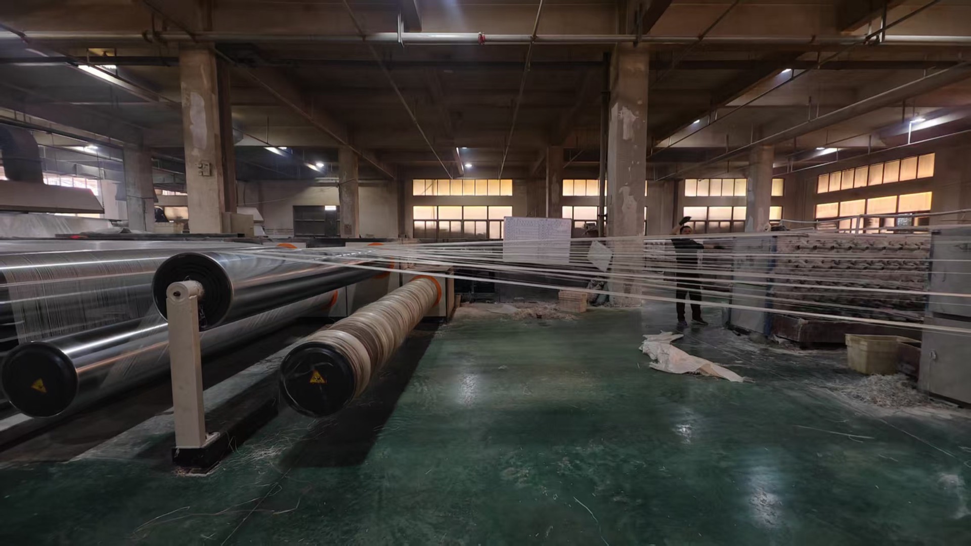 Woven polypropylene fabric rolls on the production line